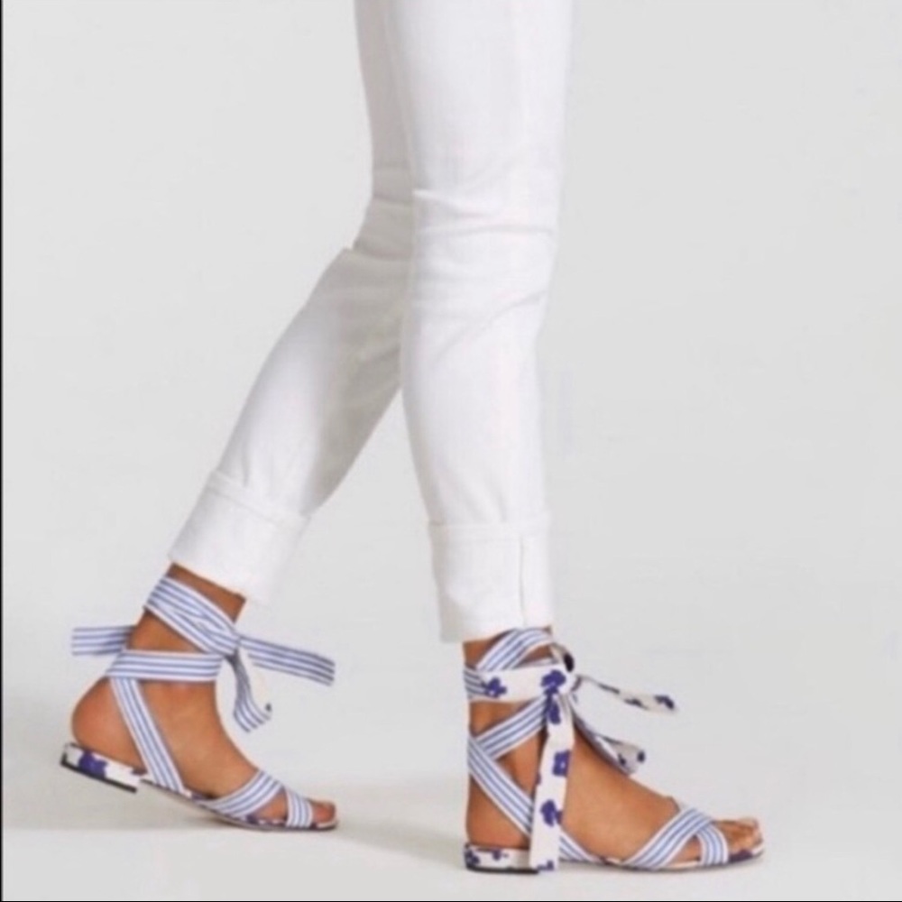 CaBi Blue and White Floral/Striped Tie Up Sandals - Picture 1 of 9